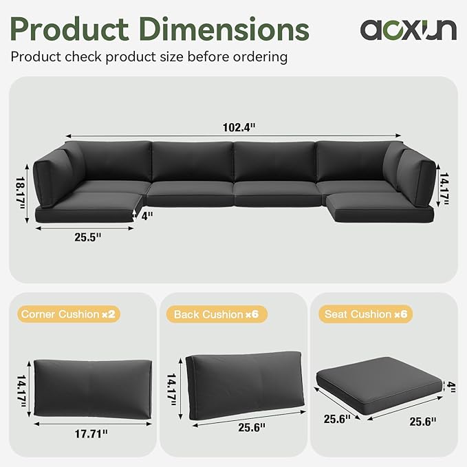 Aoxun Replacement Cushions for Outdoor Furniture, 14-Piece Outdoor Cushions for Patio Furniture, Deep Seat, Waterproof & Fade Resistant Couch Cushion for 6-Seat Patio Conversation Sets, Black