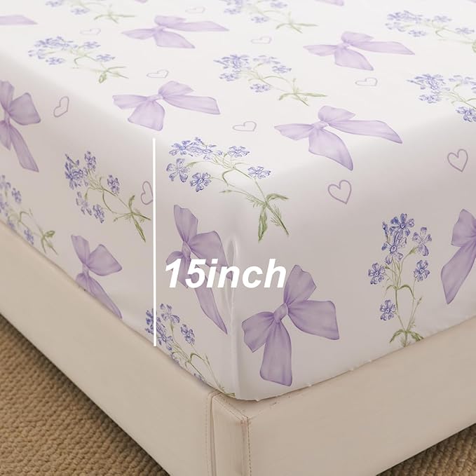 Purple Bow Sheet Set Full Garden Floral Fitted Sheet Set for Girls Kids Soft Microfiber Fitted Flat Sheets & Pillowcases Cute Princess Style Bowknot Bedding Sets Toddlers 4 Pieces