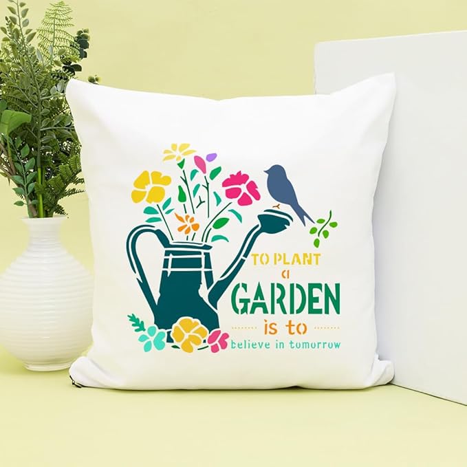 FINGERINSPIRE Garden Painting Template with Brush 11.8x11.8inch Watering Pot Words Painting Template Flowers Birds Painting Stencils Reusable DIY Art Craft Stencil for Painting on Wood Floor Wall