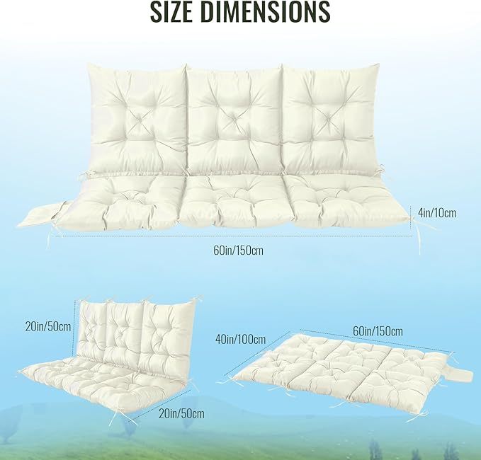 NACATIN 3 Seat Cushion for Outdoor Swing - 60x40 inches, 4" Thick Porch Swing Cushions with Ties and Storage Bag, Waterproof Bench Cushions for Patio, Outdoor, Backyard and Garden (Beige)