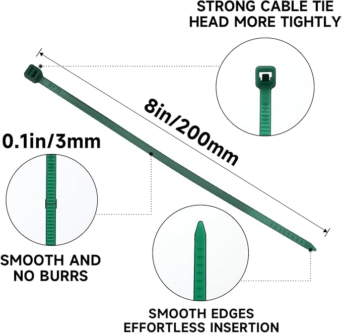 KINGLAKE GARDEN Green Zip Ties 100 Pack 8 Inch Green Nylon Tie Premium Plastic Cable Zip Ties for Indoor and Outdoor (8 inch)