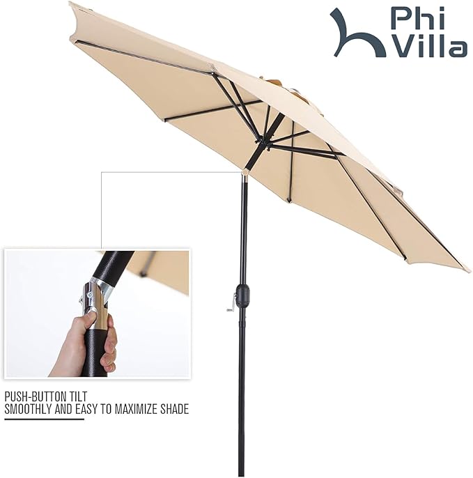 PHI VILLA Outdoor Patio Dining Set for 4 with Umbrella (Beige), Patio Table and Chairs with Adjustable Patio Folding Chairs Blue for Yard and Garden