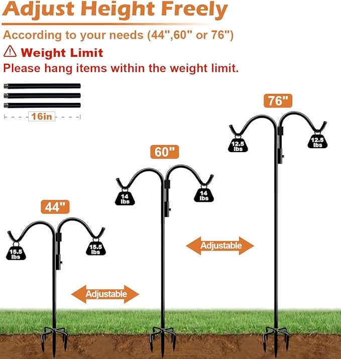 76 Inch Double Shepherds Hook for Outdoor with 5 Prong Base, Adjustable Heavy Duty Bird Feeder Pole for Hanging Flower Basket, Plant Hanger, Solar Light Lanterns, Black