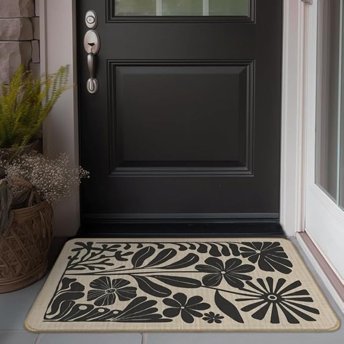 Boho Beige and Black Floral Door Mat - Bohemian Neutral Floral Front Door Welcome Mats Outdoor Entrance, 17x30 Rug