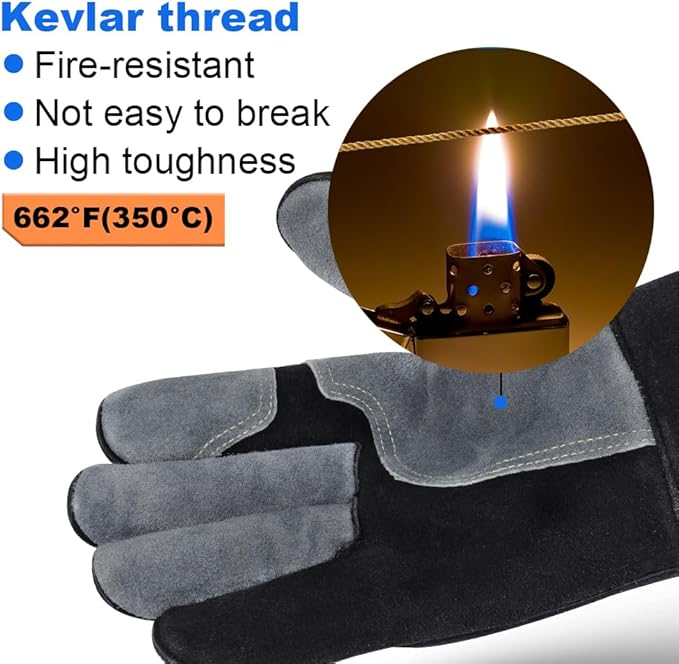 AUAUY Heat & Fire Resistant Gloves Leather BBQ Gloves Wear Resistant Heavy-Duty Welding Gloves for Grinding,Baking,Gardening