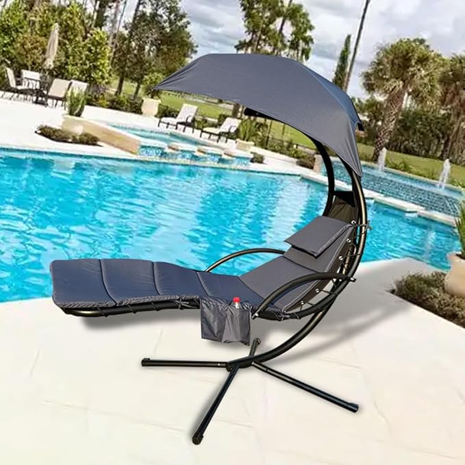 Outdoor Hanging Lounge Chair Cushion with Umbrella – High-Resilience Sponge, Side Pocket, Fade-Resistant, Patio Curved Chaise Hammock Swing Lounger Cushion Pad（Navy Blue）