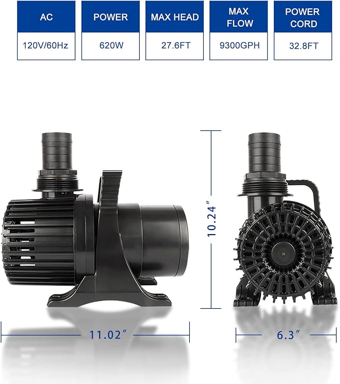 OYO WATER Outdoor Large 9300gph-620W 32.8FT Pond Water-fall & Kio Fish Fountain-s &Garden Pump Submersible IPX8: Long 32.8FT Cord Smart-er & Quieter Duck & Yard &Patio Ponds Pumps, 1 Barrier Pump Bag
