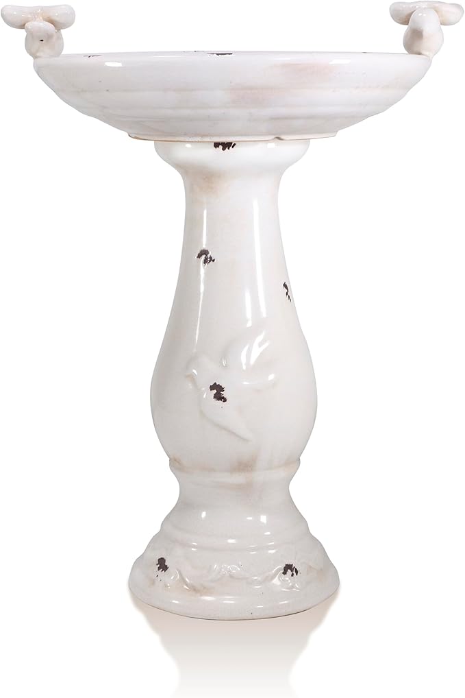 Alpine Corporation 25" Tall Outdoor Antique Ceramic Birdbath with 2 Bird Figurines - Vintage Style Garden Bird Bath Bowl for Patio, Yard, Lawn Decor, Light Brown