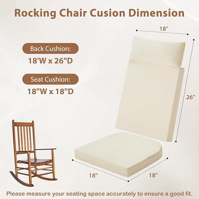Waterproof Rocking Chair Cushions Outdoor & Indoor, Wooden Rocking Chair Pads Set of 2, Non-Slip Large Glider Rocker Replacement Cushions with Pillow & Ties,Seat Back Cushion for Rocker Beige