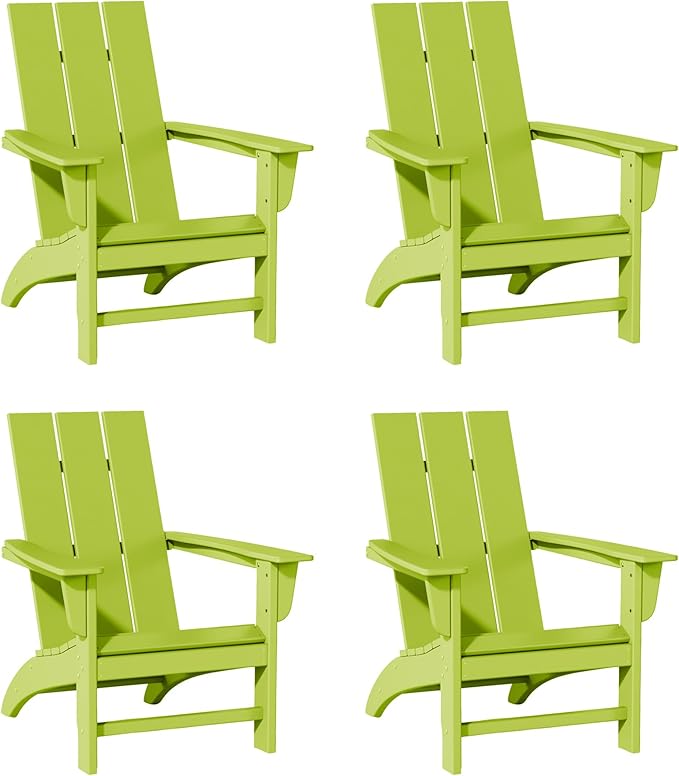 Poly Lumber Adirondack Chairs Set of 4, All-Weather Resistant Outdoor Patio Chairs, Look Like Wood, Pre-Assembled Outdoor Fire Pit Chair for Pool, Deck, Backyard, Garden, Lime