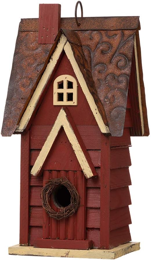 Glitzhome Blue Bird House, 12" H Solid Wood Bird House for Outside, Distressed Cottage Garden Decorative Birdhouse Hanging Bird House for Outdoors,Red