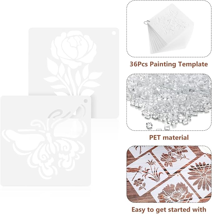 36sheet Flower Stencil Templates for Wood: Sunflowers, Butterflies, Birds, Leaves - Reusable 5 x 5 Inch Plastic Stencils
