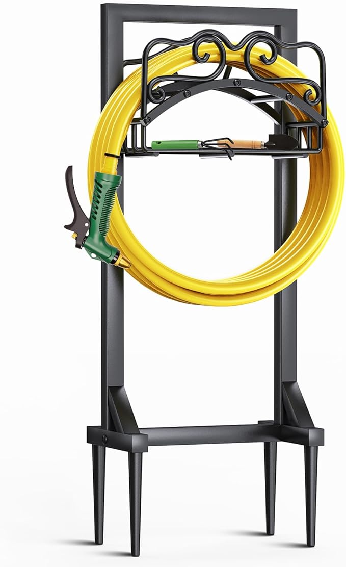Garden Hose Holder, Heavy Duty Metal Water Hose Holder with 4 Spikes Outdoor Freestanding Hose Hanger Detachable Sturdy Hose Stand Holds 150-feet Hose, Garden Hose Storage Rack for Outside Yard Lawn