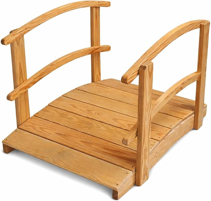 4 FT Natural Amish Made Garden Bridge with Double Rails for Walkway, Backyard Pond & Landscaping, Outdoor Wooden Footbridge for Koi Pond, Japanese Style Decorative Bridge, Made in USA
