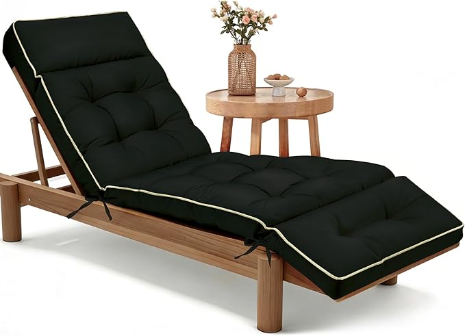 MAGIC ELEPHANT Chaise Lounge Cushion Outdoor, Memory Foam Patio Lounge Chair Cushion with Ties for Indoor Outdoor Furniture, Waterproof Replacement Long Chair Cushion (Black)