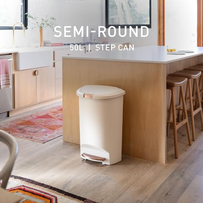 simplehuman 50 Liter / 13 Gallon Hybrid Semi-Round Kitchen Step Trash Can with Secure Slide Lock, Cream Plastic