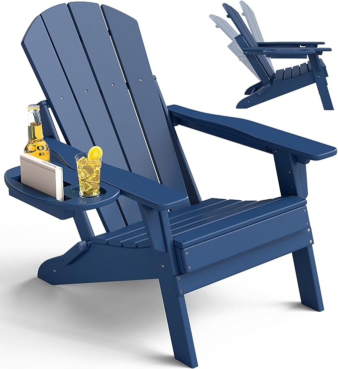 Adjustable Adirondack Chair with Cup Holder, All Weather HDPE Fire Pit Chairs for Deck, Backyard, Patio, Navy Blue
