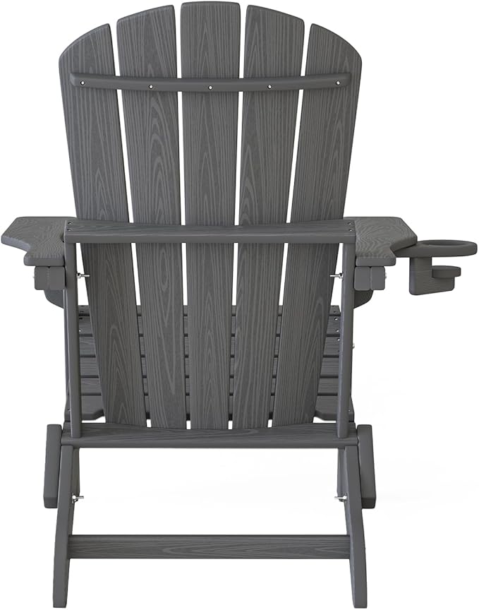 Plawdlik Folding Adirondack Chair Set of 6 with Cup Holder，Wooden Textured ，Heavy All-Weather HDPE Comfortable Set Poolside Backyard Lawn, Gray