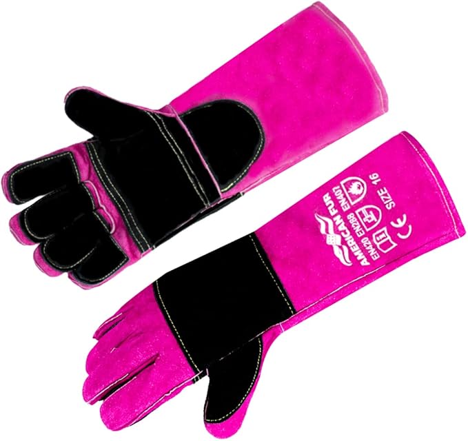Welding/BBQ Leather Gloves 16 Inches,932℉, Stick Welding Gloves Heat/Fire Resistant, Mitts for Oven/Grill/Fireplace/Furnace/Stove/BBQ/16 inches Extra Long Sleeve (16 Inches, Pink-Black)