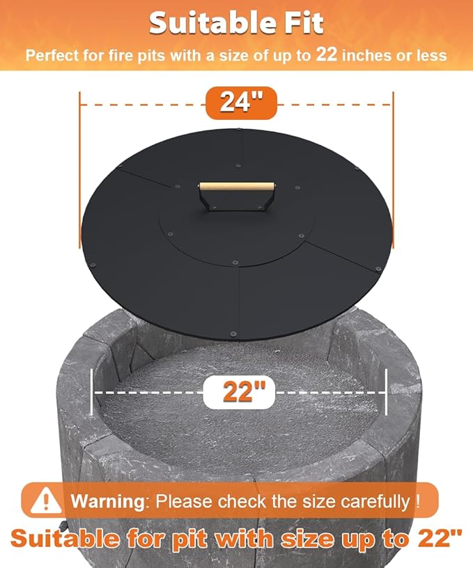 24" Wooden-Handle Fire Pit Lid for Pits up to 22", Round Metal Bonfire Pit Burner Pan Cover, Smokeless Fire Pit Cover for Fire Tables, All-Weather Resistance Outdoor Firepit Accessory