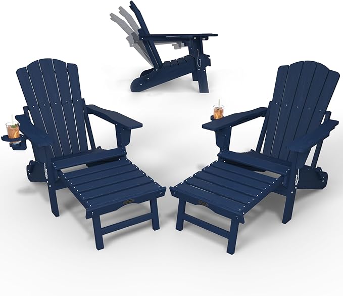 Folding Adjustable Adirondack Chairs with Ottoman & 1 Cup Holders Set of 2, HDEP Multifunctional Adirondack Chair with Footrest,Navy Blue