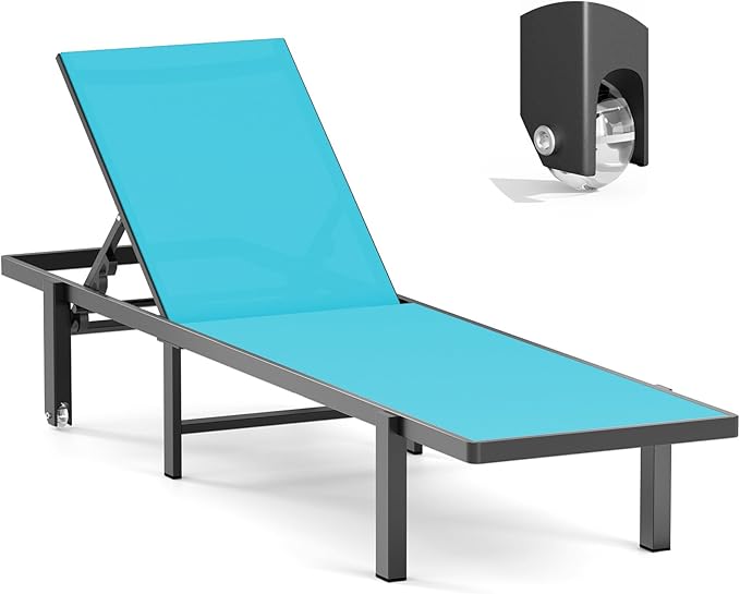 Ciokea Aluminum Chaise Lounge Chair Outdoor with Wheels, Patio Lounge Chair with Adjustable 5-Position Recliner and Full Flat Tanning Chair for Patio, Beach, Pool, Lake Blue