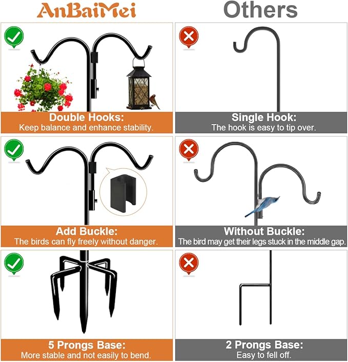 76 Inch Double Shepherds Hook for Outdoor with 5 Prong Base, Adjustable Heavy Duty Bird Feeder Pole for Hanging Flower Basket, Plant Hanger, Solar Light Lanterns, Black