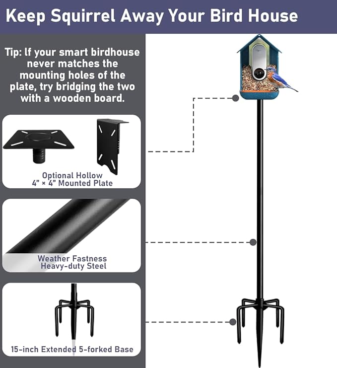 105 Inch Smart Bird Feeder Pole with 5-Prong Base, Adjustable Bird House Pole Mount Kit for Outdoors, Heavy Duty Bird Feeder Stand for Wild Birds Watching, Black