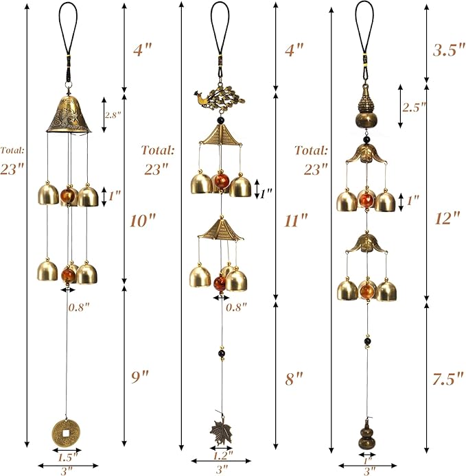 3 Packs Lucky Wind Chimes, Chinese Wind Bell, 6-Bell Vintage Hanging Bell Chimes with Gourd Dragon Peacock Coin for Good Luck Wealth Blessing, Home Garden Patio Decoration