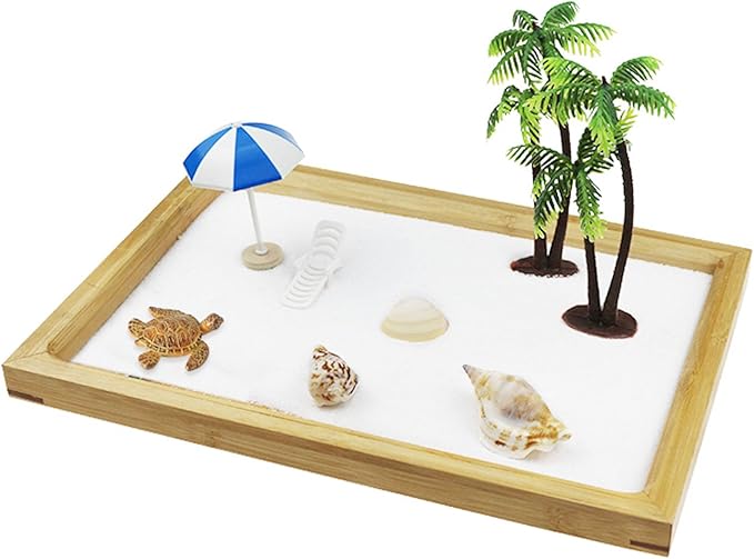 Woohome Mini Zen Garden Kit, Mini Zen Sand Garden Kit, Ocean Beach Sandbox Decorations Zen Decor Kit with White Sand, Mini Boats, Shells, Rocks for Home Office Desktop Decor