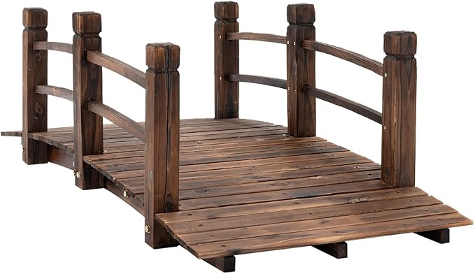LEEXCCOS Higher Quality & Stronger Wooden Garden Bridge for Outdoors 5ft, More Durable Landscape Arch with Safety Railsm, 500lbs Capacity Decorative Pond Bridge (Stained Wood)