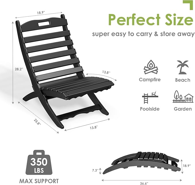 GREENVINES Folding Wave Chairs Set of 4 | Xavier | Portable Adirondack Chair | HDPE Plastic | All Weather | Black | for Fire Pit Beach Poolside Outdoor Deck Garden Patio Porch Fishing