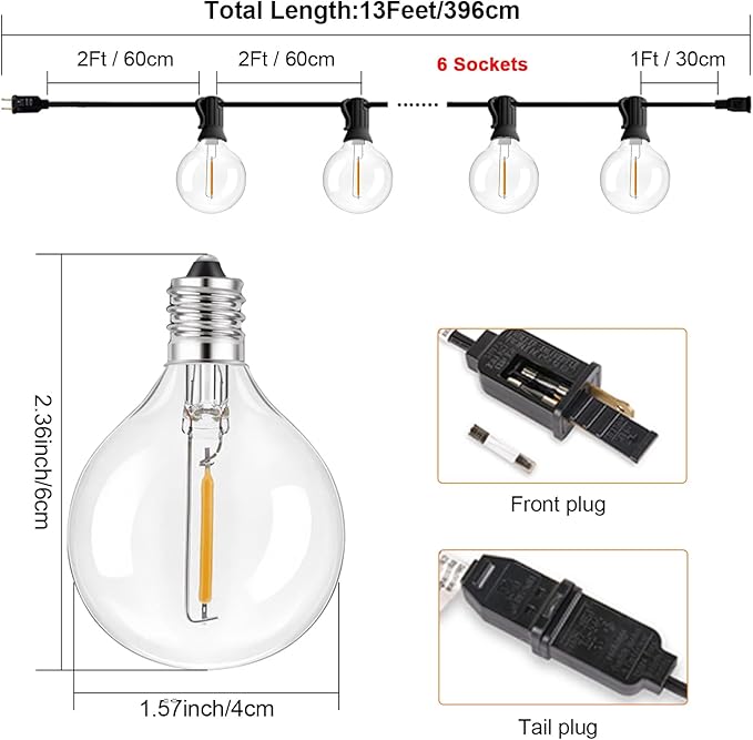 Outdoor String Lights with G40 Clear Globe Bulbs, Black Cord, Waterproof LED Edison Filament Decorative Lighting for Patio, Garden, Backyard (G40 Bulbs, 13FT)