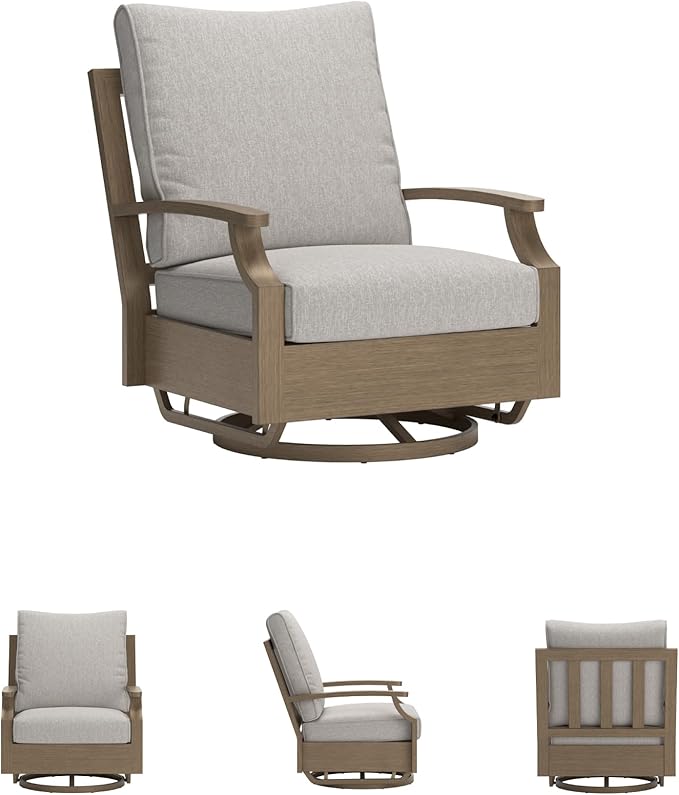 Signature Design by Ashley Rainier Ranch Contemporary Nuvella Weather Resistant Fabric Outdoor High Back Swivel Glider Chair with Cushion, Light Brown & Beige