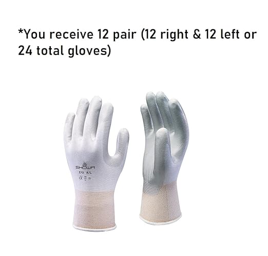 SHOWA Atlas 370 Nitrile Palm Coated General Purpose Work Gloves with Nylon Liner, White, Large (12 Pair)