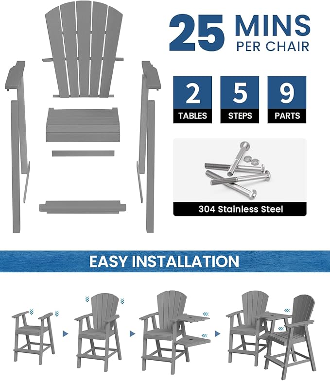Ciokea Tall Adirondack Chairs Set of 4, HDPE Outdoor High Back Adirondack Chair with Double Connecting Tray, Weather Resistant Balcony Chairs for Deck, Lawn, Pool, Backyard, Gray