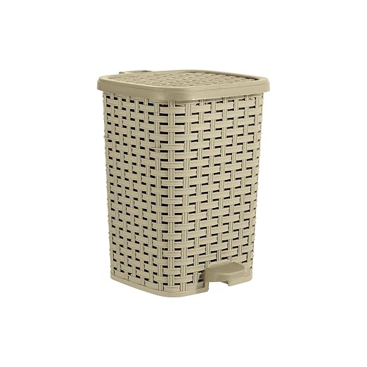 Superio Mini Trash Can with Foot Pedal Small Outdoor Garbage Can with Lid, 3 Gallon Plastic Waste Basket for Bathroom, Bedroom, Kitchen, Office, Patio (Wicker Beige 12 QT.)