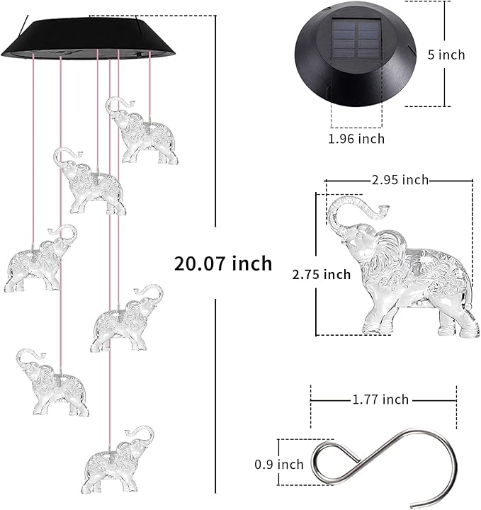 Elephant Solar Wind Chimes for Outside, Birthday Gifts for Mom Grandma, Waterproof LED Solar Powered Memorial Wind Chimes with 7 Color Changing for Garden Outdoor Yard Lawn Decor