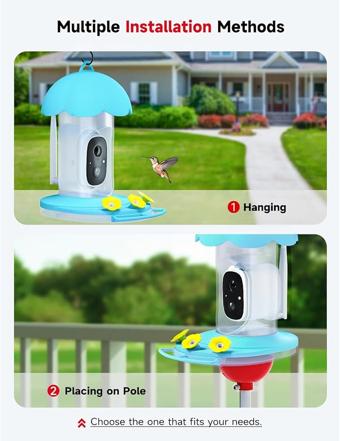 Hummingbird Feeder with Camera Solar Powered, Hummingbird Feeders for Outdoors with 2K Bird Watching Camera, AI Identify Bird Species, Instant Notification, Idea Gift for Bi rd Lover, Blue