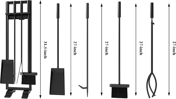 Fire Beauty Fireplace Tools Set 5 Pieces Fireside Accessories Fire Kit Stand Woodstove Tools Holder Wrought Iron Handle Indoor Fireset Stand