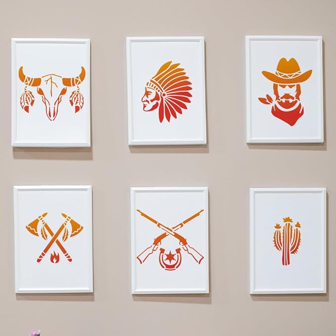 MAYJOYDIY 2pcs Western Cowboy Tribal Stencils 11.8×11.8inch Large Cowboy Boots Hat Cow Skull Stencils with Paint Brush Square Cowboy Theme Drawing Template for Wood Canvas Furniture Craft Decor
