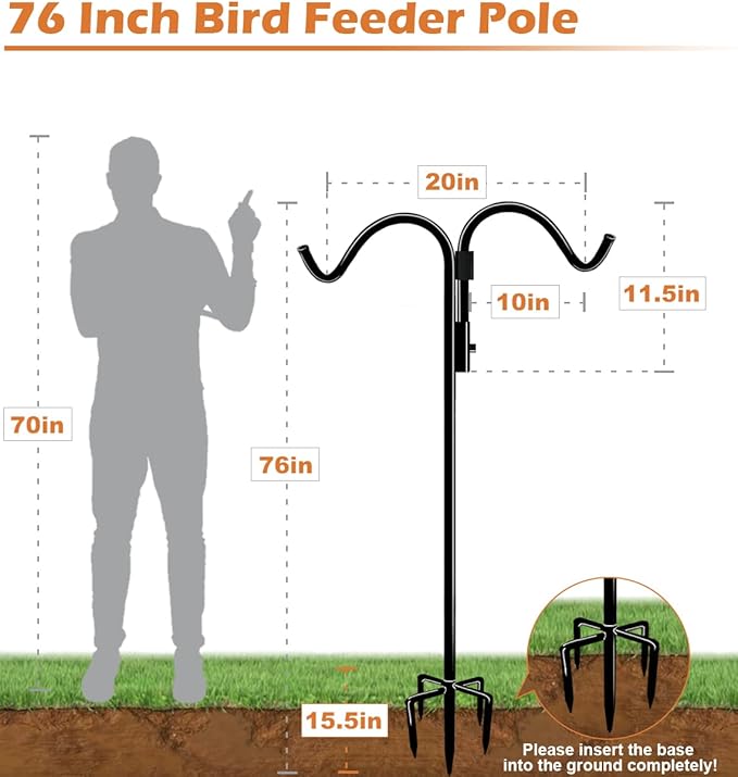 76 Inch Double Shepherds Hook for Outdoor with 5 Prong Base, Adjustable Heavy Duty Bird Feeder Pole for Hanging Flower Basket, Plant Hanger, Solar Light Lanterns, Black