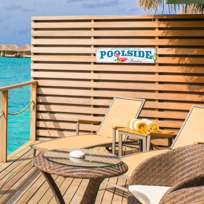Outdoor Pool Decor Pool Sign Poolside Paradise Rustic Looking Tin Metal Signs Outdoor Patio Signs Outdoor Bar Decor Outdoor Patio Signs Backyard Outside Pool Deck Decorations 4x16Inches