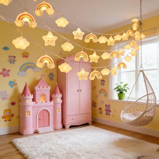 Star Cloud Rainbow Fairy Lights 9.8FT 20 LED Lights with Battery Operated Warm White Fairy String Lights for Holiday Party Bedroom Wedding Garden Decoration (Stars Clouds Rainbows, 9.8FT)