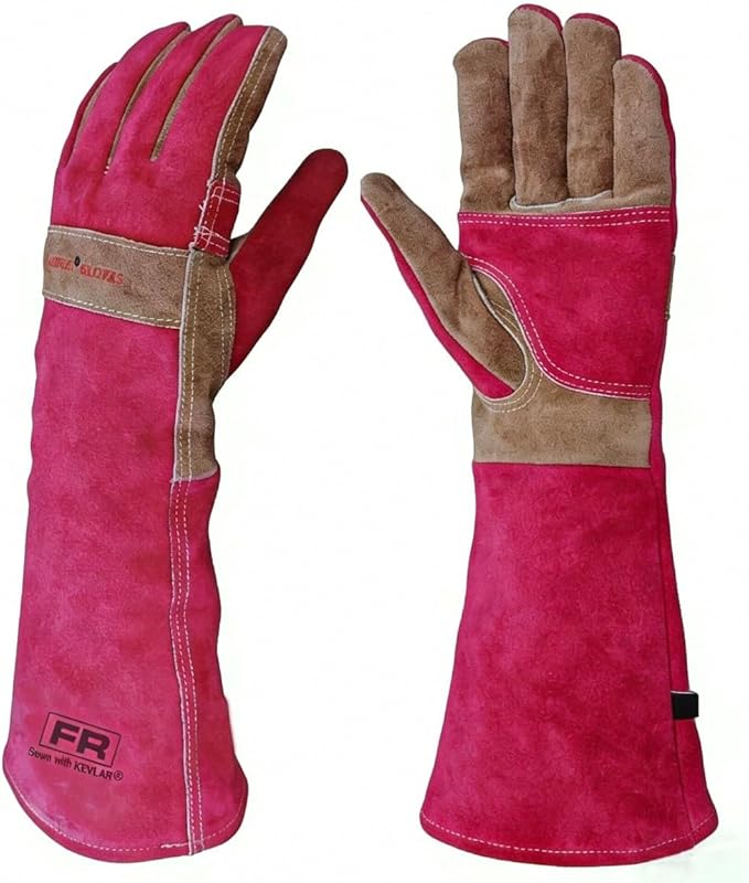 Gardening Gloves for Women, Long Thorn Proof Garden Gloves for Yard Work, Heat Resistant Leather Gloves for Welding, BBQ, Cooking, Fireplace, Chainsaw, Utility, Durable (Rose Red, X-Small)