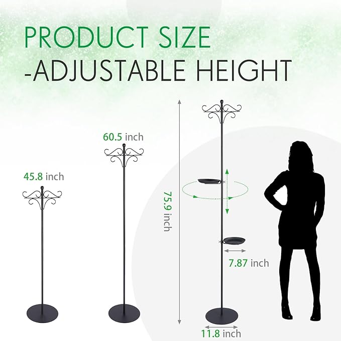 1 Set Upgraded 75.9" Shepherds Hook for Bird Feeder, Hanging Plant Wind Chime Stand, Metal Adjustable Standing Pole Holder for Indoor Outdoor, with 2 Rack & Weight Bag (Retro 2 Hooks)