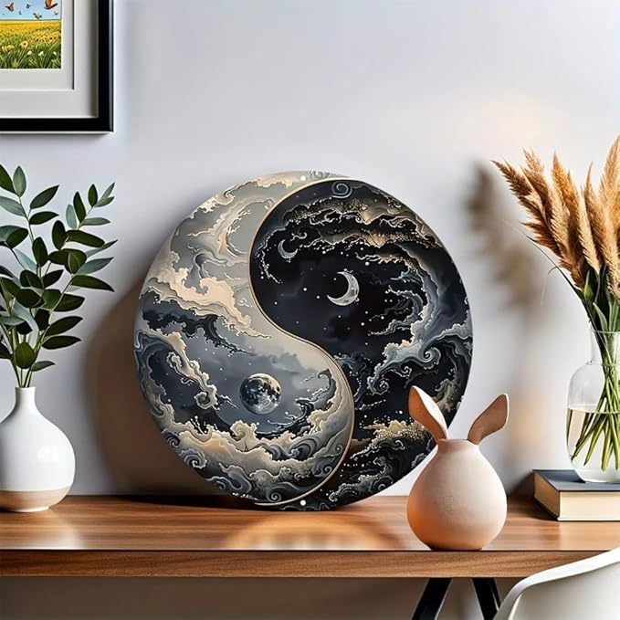 Metal Retro Shell Gasoline Wall Art, Creativity Art Decorations, Garden Sign Outside Decor，Wall Sculpture， Hanging Sculpture for Living Room Dining Room Bedroom Yard Outdoor Decor (The Sun and Moon Unite as one)
