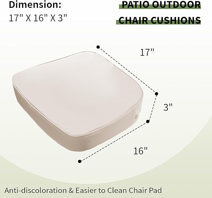17"x 16"x 3" Patio Chair Cushions Set of 2, Waterproof Outdoor Chair Cushions, Patio Seat Cushion with Adjustable Ties, Beige