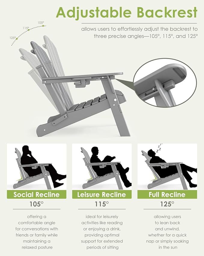 GREENVINES Adjustable Adirondack Chair with Retractable Ottoman Set of 2 | Folding | HDPE Plastic | Fire Pit Chairs w/Foot Rest | 2 Cup Holders | White | for Outdoor Patio Poolside Deck