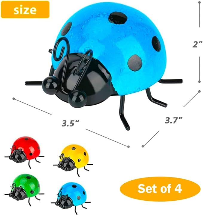 MACLARONX Metal Ladybugs Outdoor Yard Art Garden Fence Decor Set of 4 Cute Lady-Bugs Wall Sculptures Colorful 3D Ornaments for Backyard Balcony